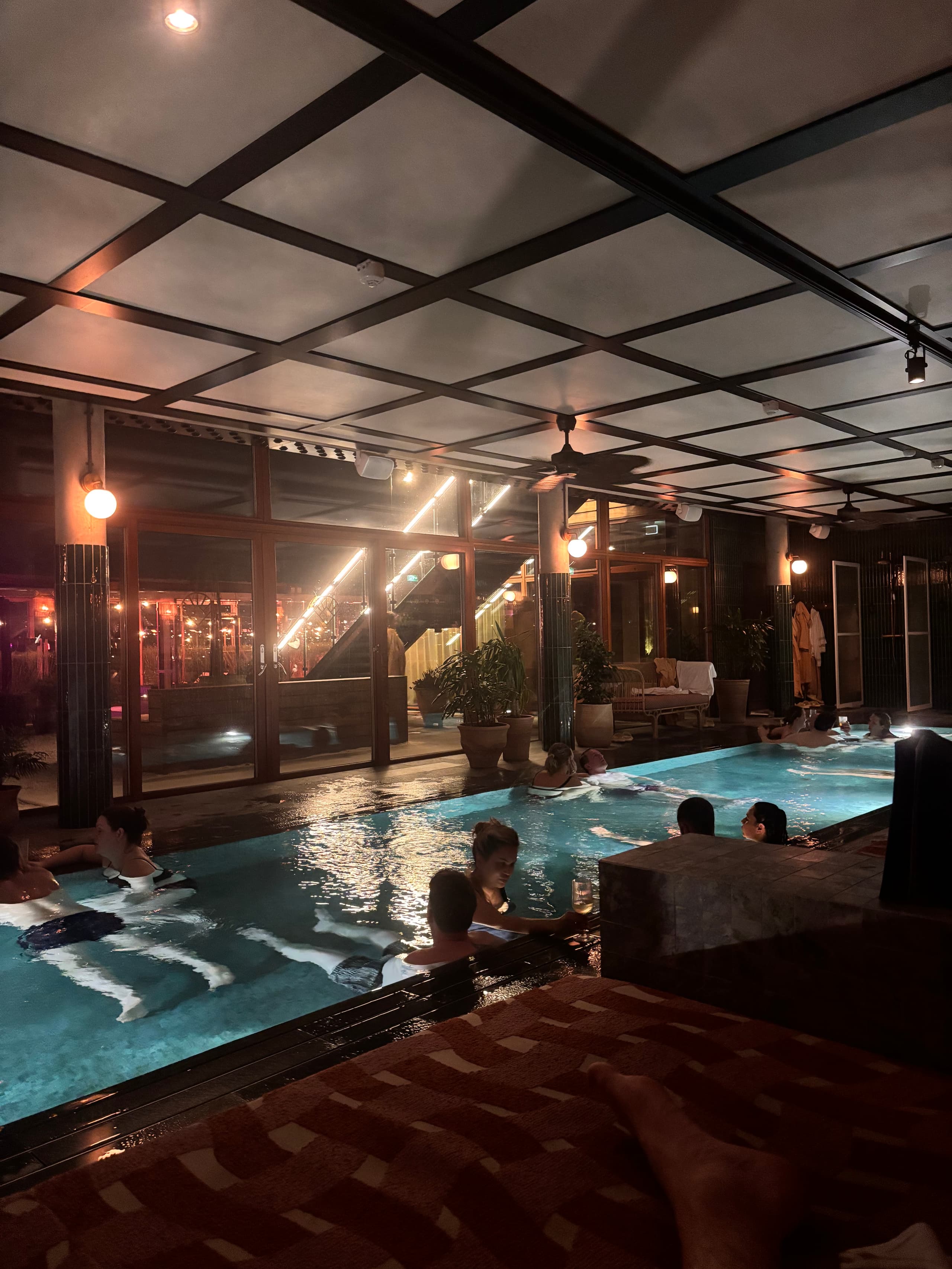 The pool lit up in the evening