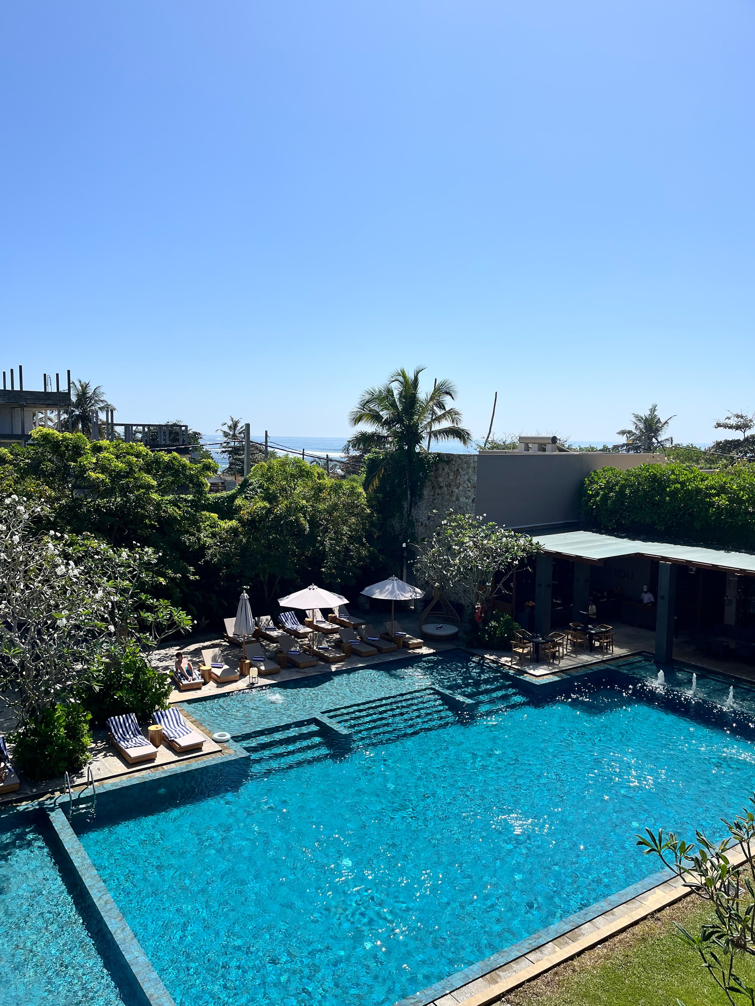Turquoise pool from above with palms and the ocean behind