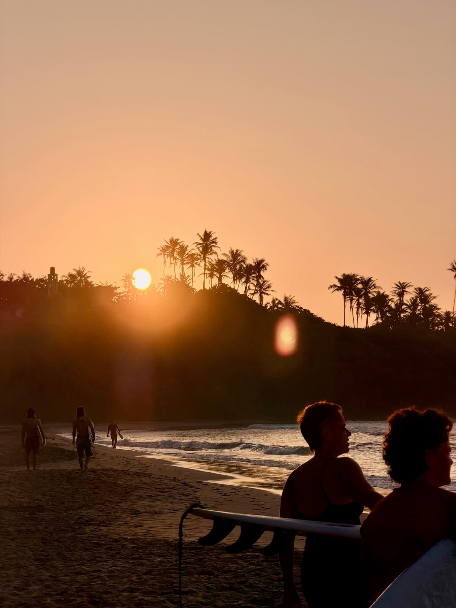 Surfers on the beach at sunset with palms on the hill